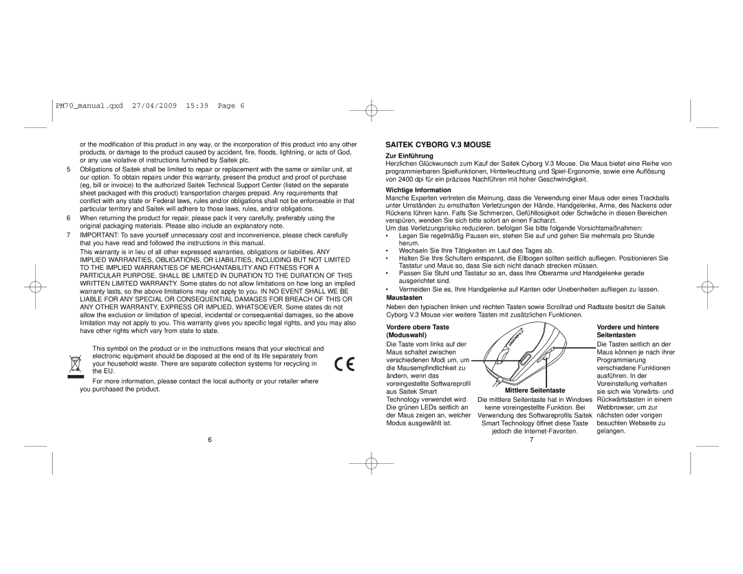 Saitek V.3 Zur Einführung, Wichtige Information, Maustasten, Vordere obere Taste Moduswahl, Mittlere Seitentaste 