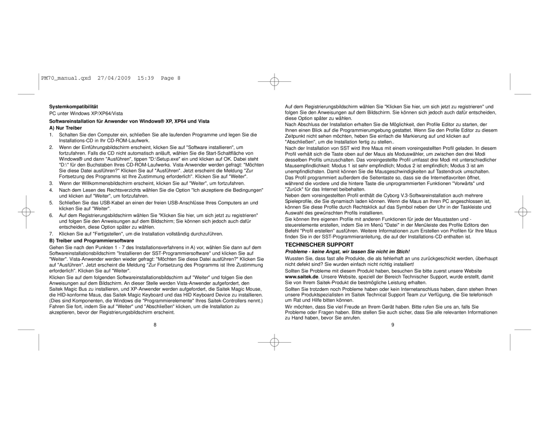 Saitek V.3 user manual Technischer Support, Systemkompatibilität, Treiber und Programmiersoftware 