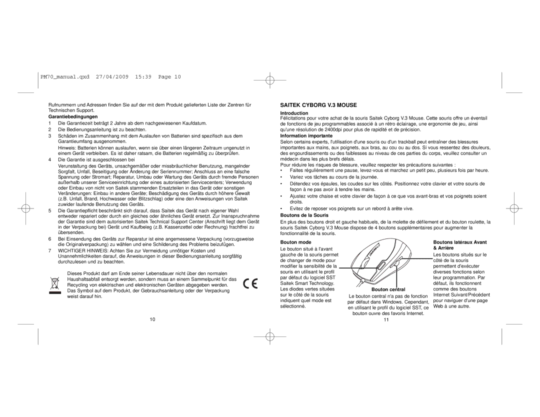 Saitek V.3 Garantiebedingungen, Introduction, Information importante, Boutons de la Souris, Bouton mode, Bouton central 