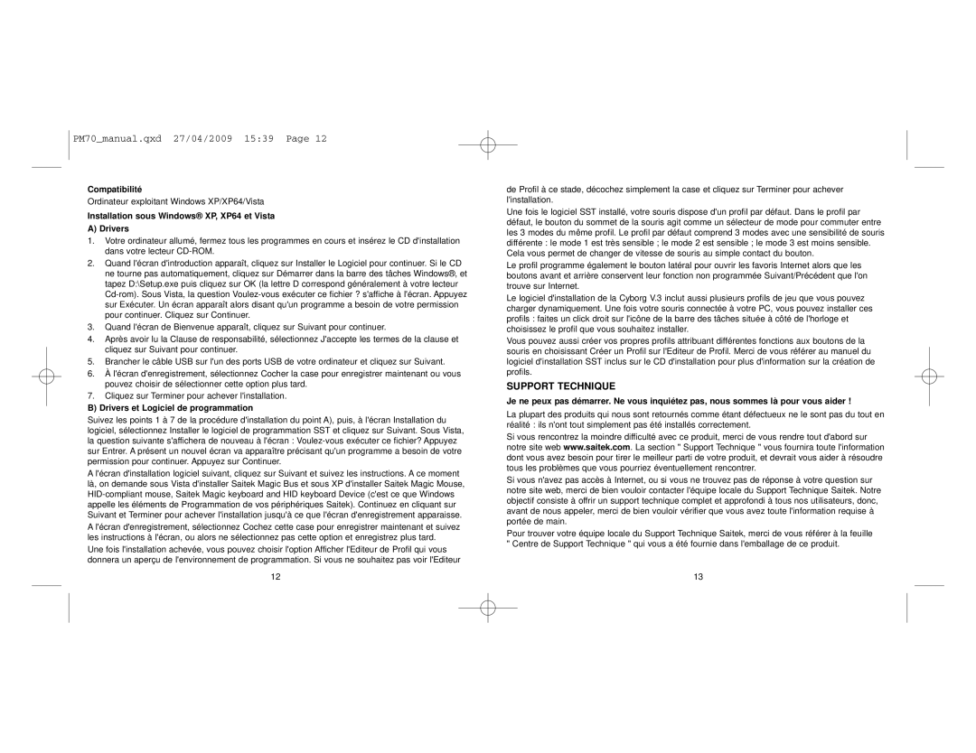 Saitek V.3 user manual Support Technique, Compatibilité, Installation sous Windows XP, XP64 et Vista Drivers 