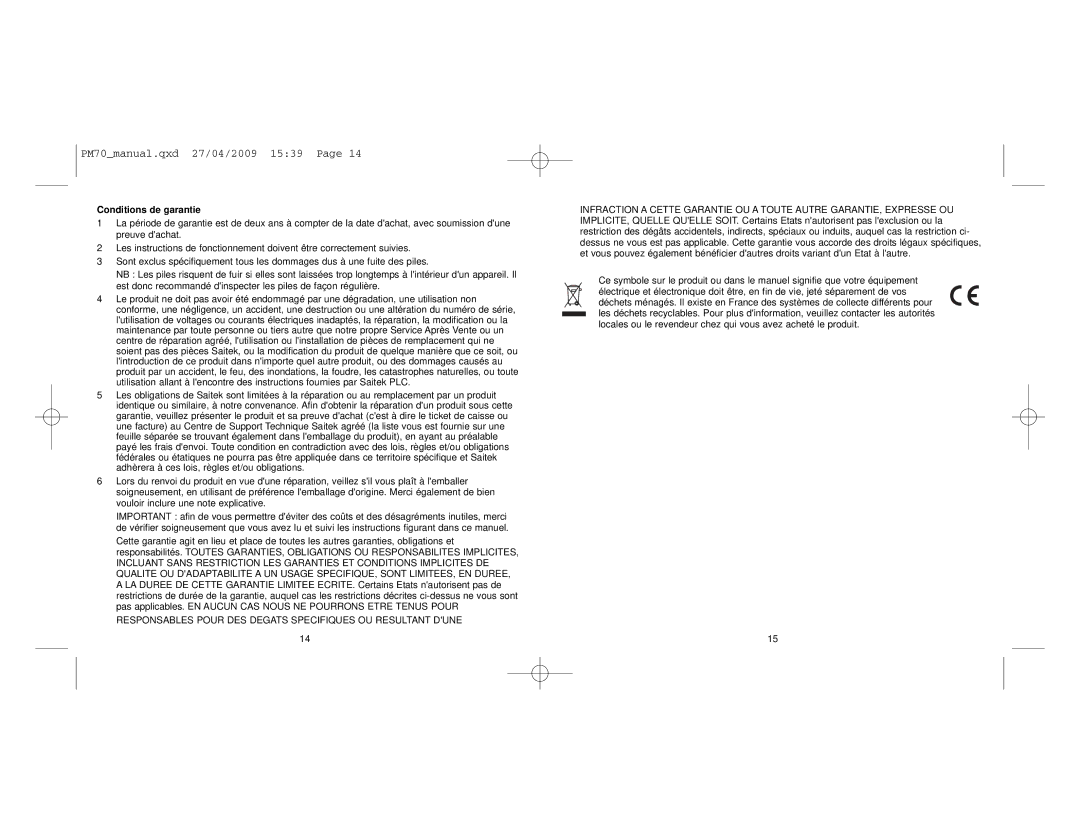 Saitek V.3 user manual Conditions de garantie 