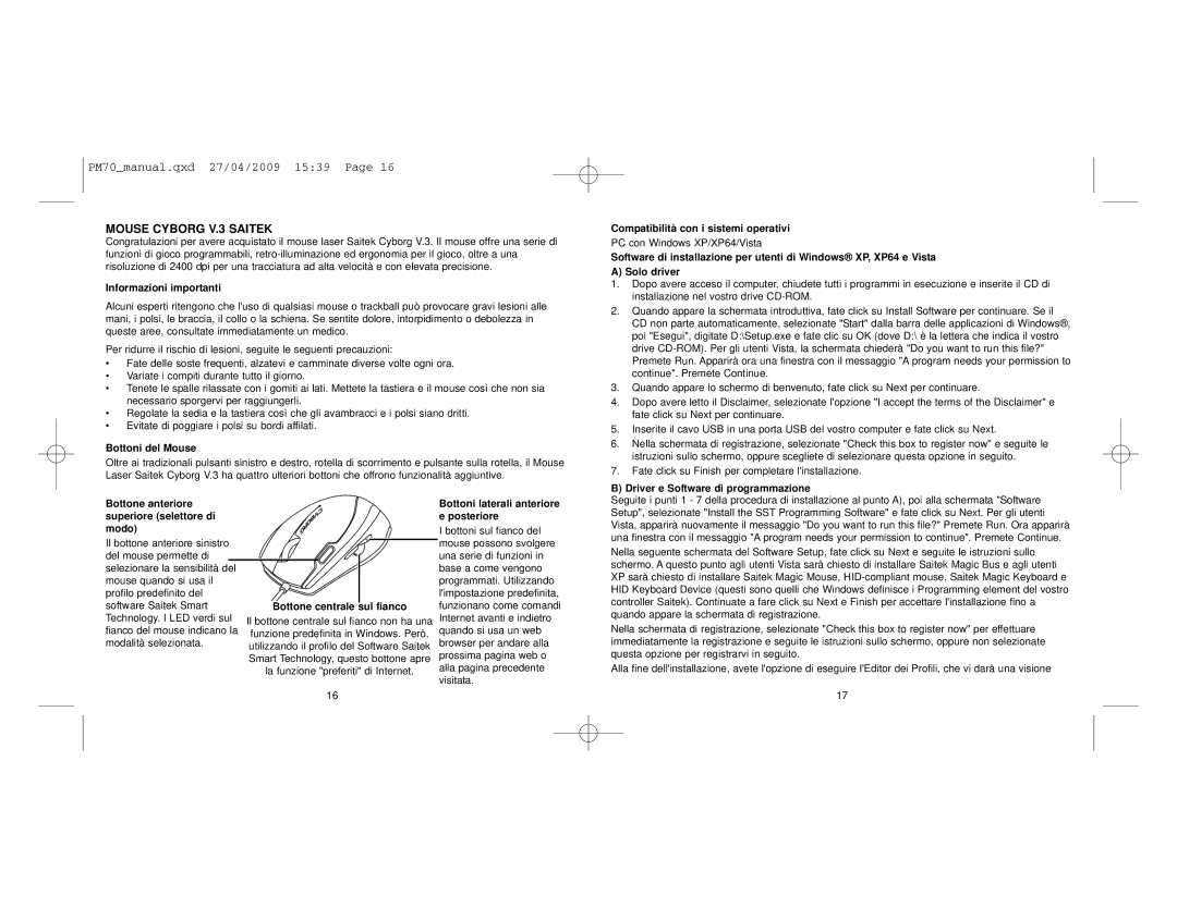 Saitek Mouse Cyborg V.3 Saitek, Informazioni importanti, Bottoni del Mouse, Compatibilità con i sistemi operativi 