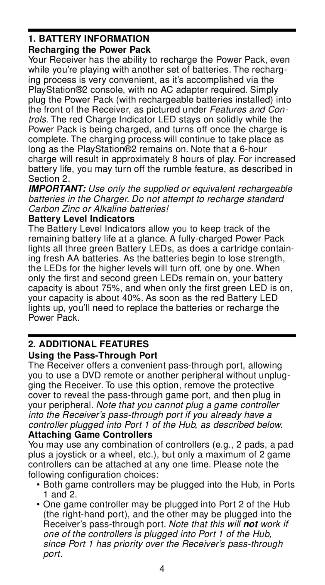 Saitek Wireless Adapter Battery Information Recharging the Power Pack, Battery Level Indicators, Additional Features 