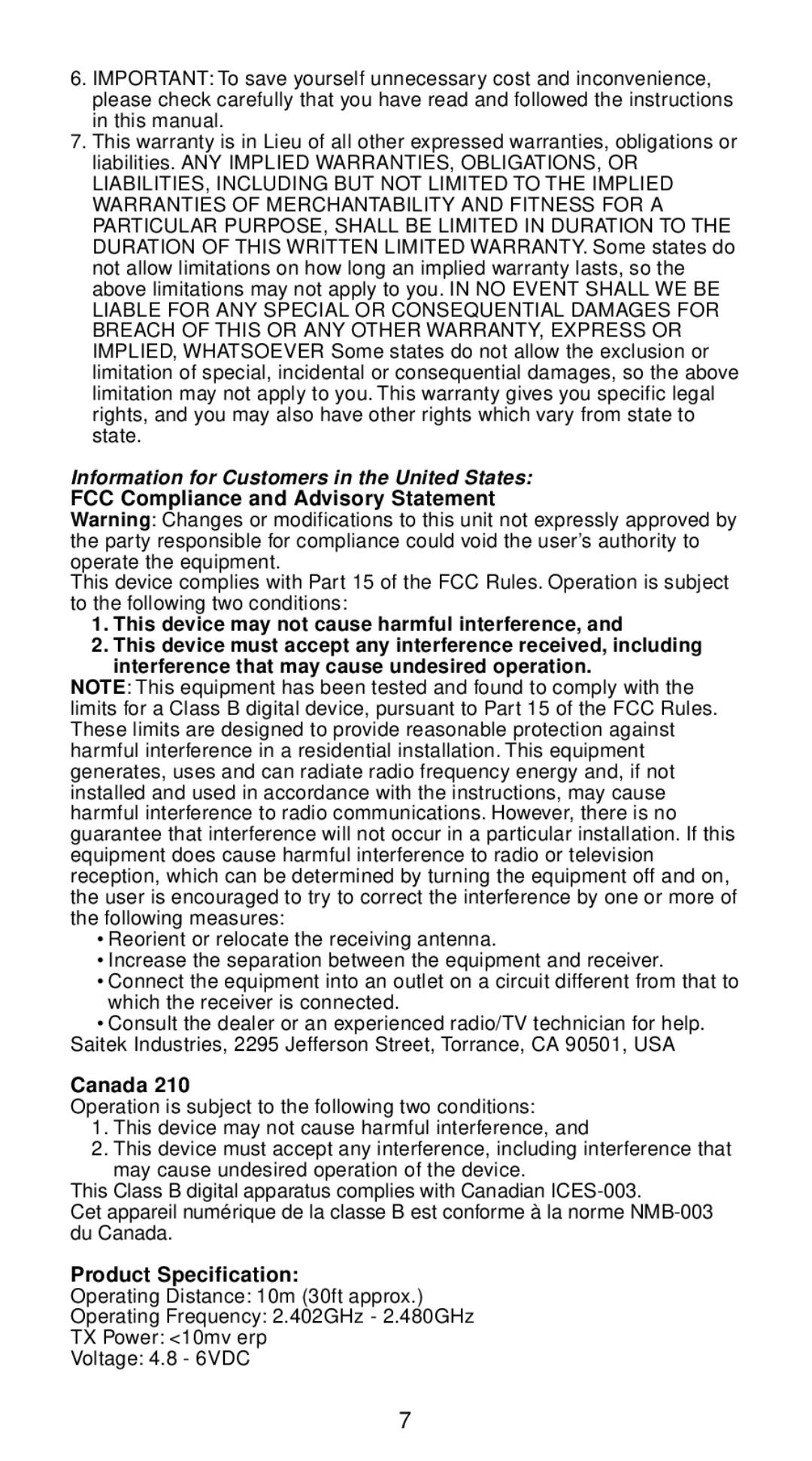 Saitek Wireless Adapter user manual Information for Customers in the United States 