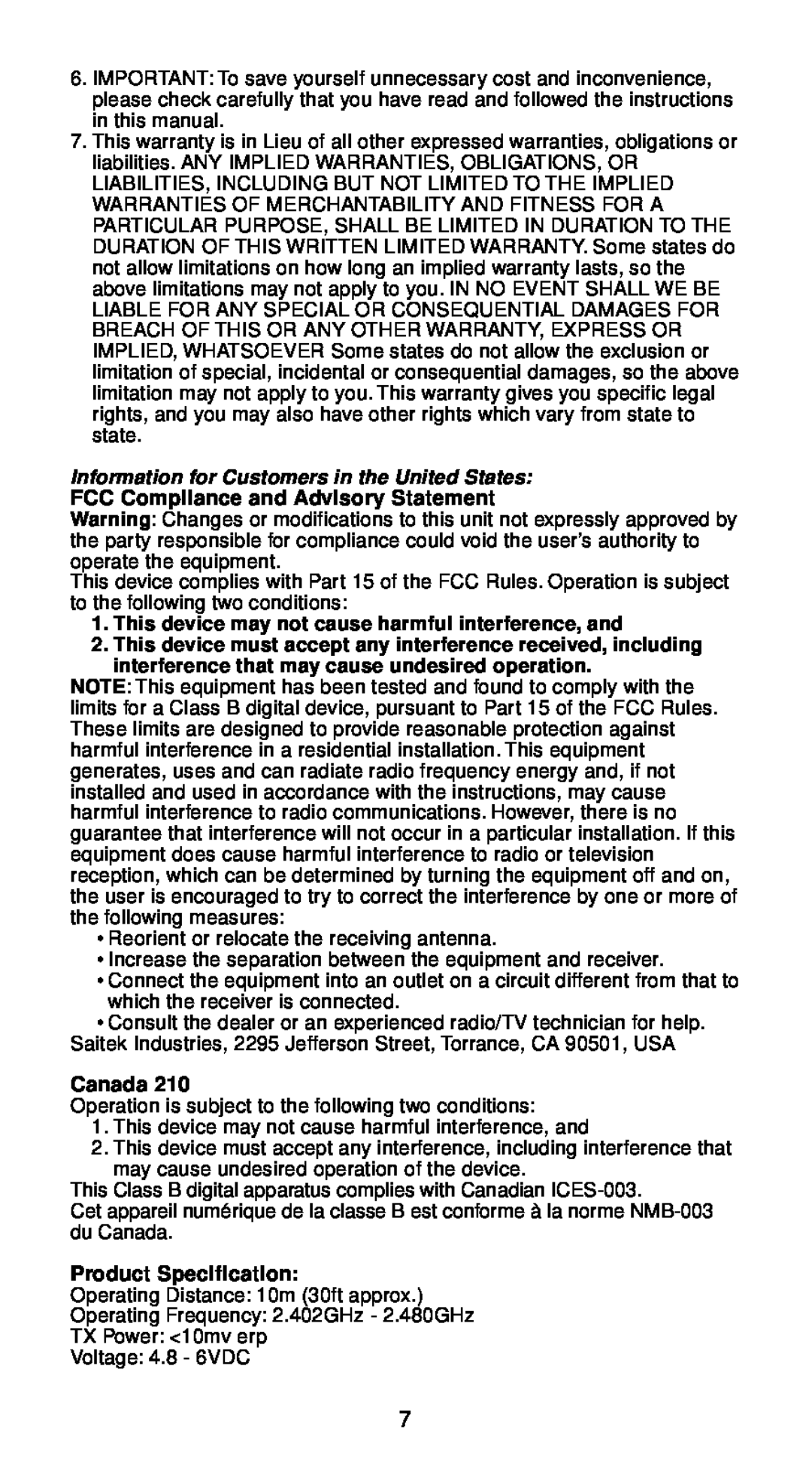 Saitek Wireless Adapter Information for Customers in the United States, FCC Compliance and Advisory Statement, Canada 