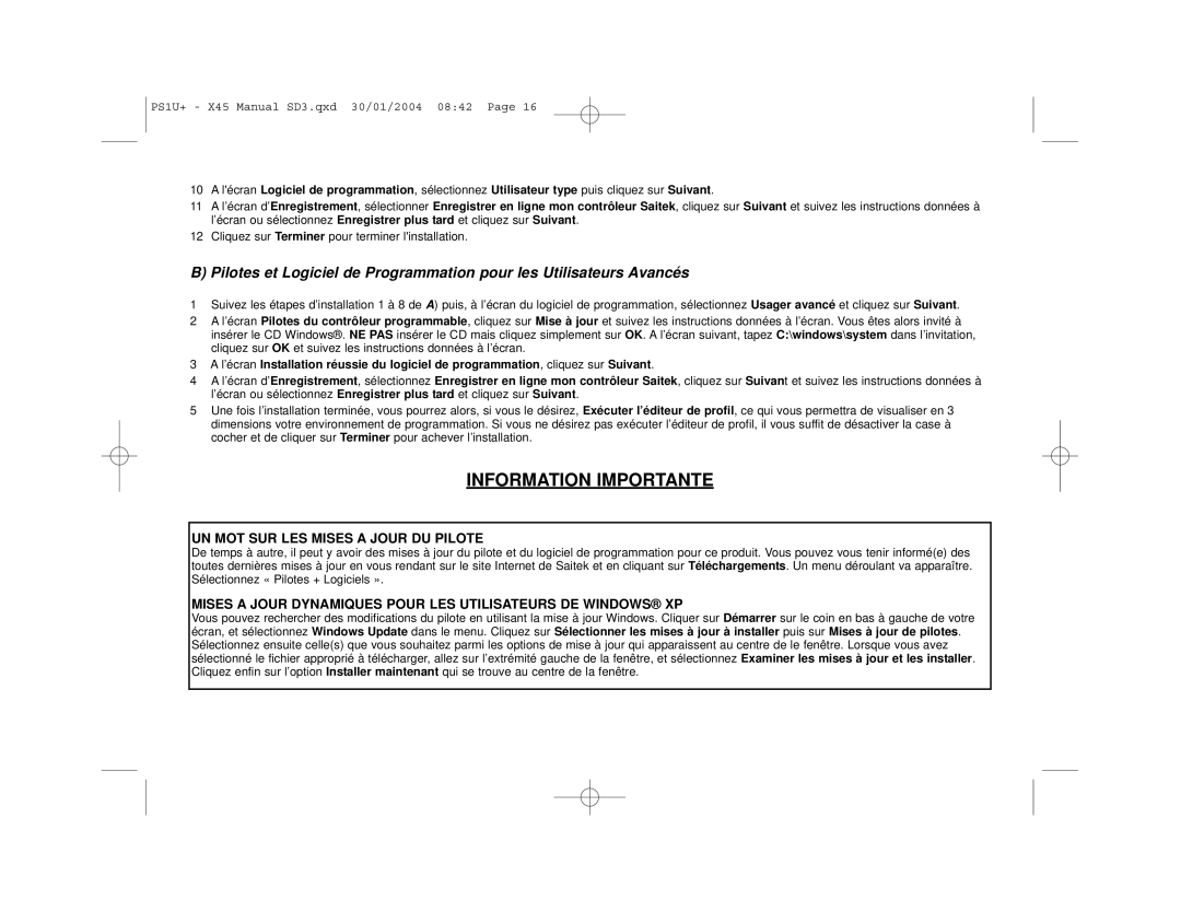 Saitek X45 user manual Information Importante, UN MOT SUR LES Mises a Jour DU Pilote 