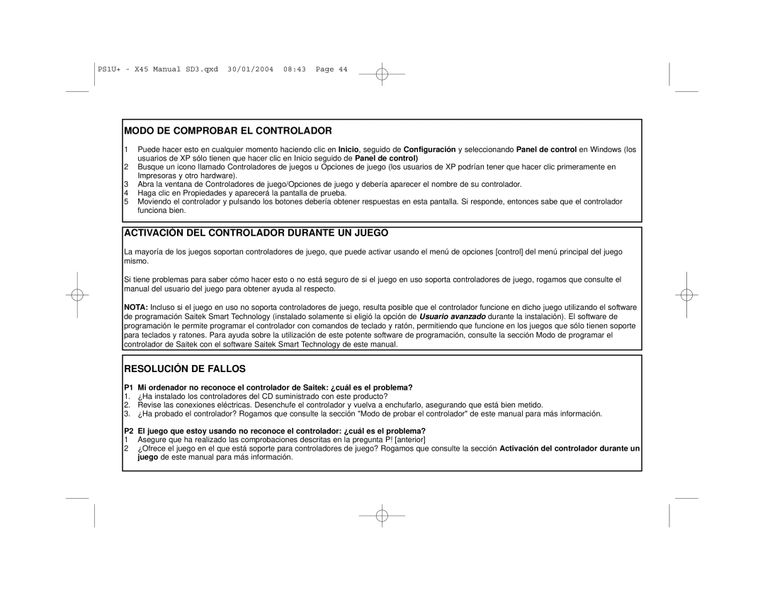 Saitek X45 user manual Modo DE Comprobar EL Controlador, Activación DEL Controlador Durante UN Juego, Resolución DE Fallos 