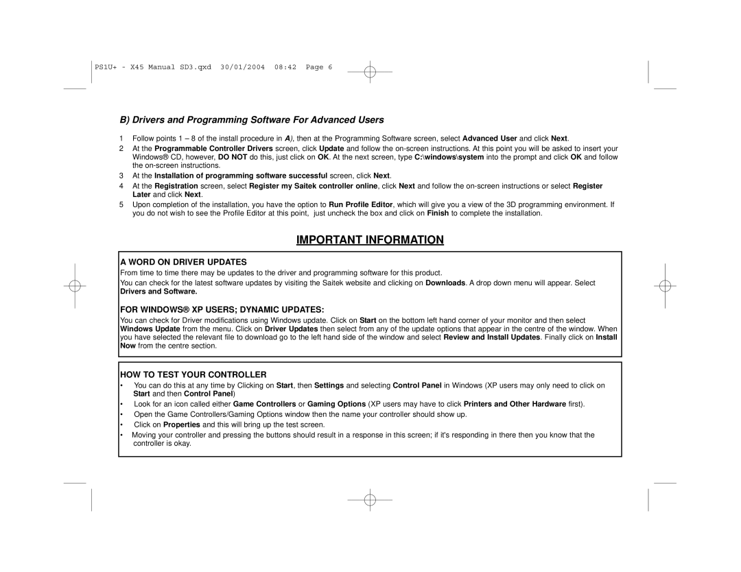 Saitek X45 user manual Important Information, Word on Driver Updates 