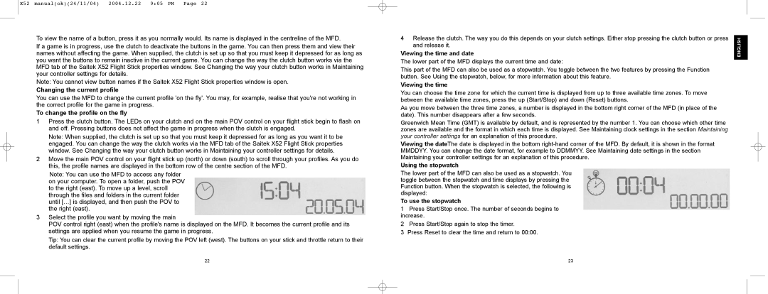 Saitek X52 Changing the current profile, To change the profile on the fly, Viewing the time and date, Using the stopwatch 