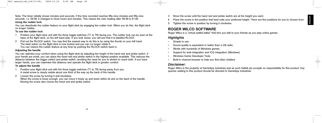 Saitek X52 manual Roger Wilco Software, Highlights, Disclaimer 