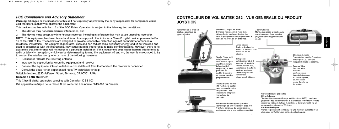 Saitek X52 manual FCC Compliance and Advisory Statement, Canadian EMC statement 