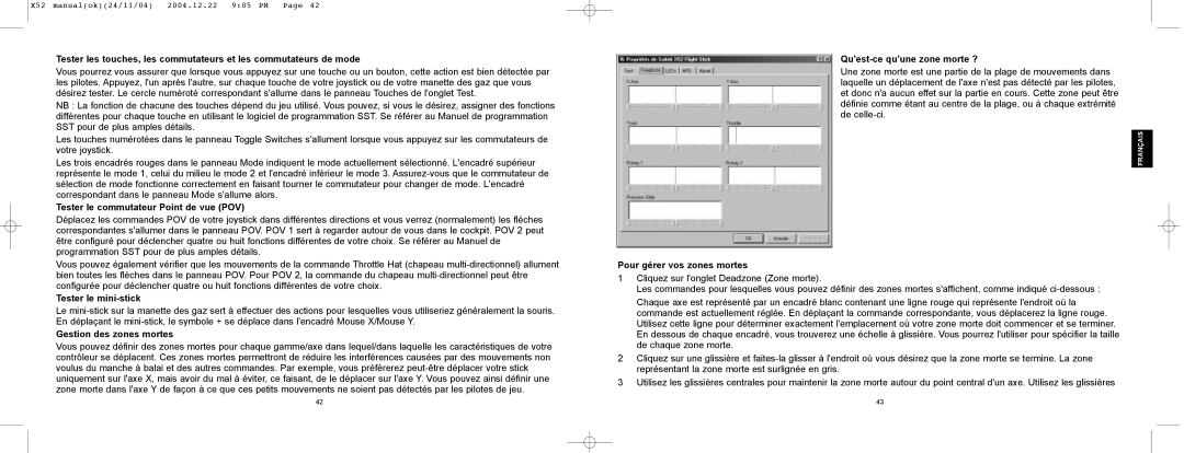 Saitek X52 manual Tester le commutateur Point de vue POV, Tester le mini-stick, Gestion des zones mortes 