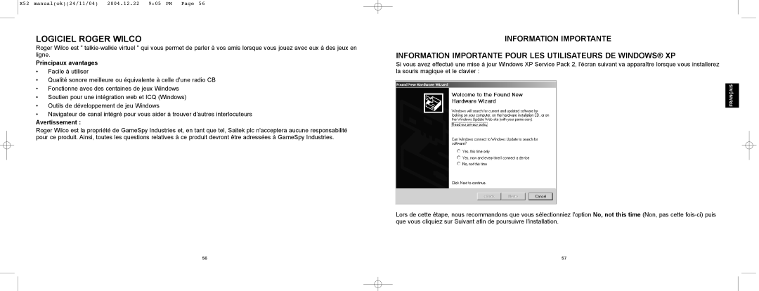 Saitek X52 manual Logiciel Roger Wilco, Principaux avantages, Avertissement 