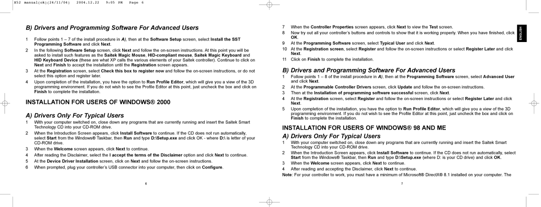 Saitek X52 manual Installation for Users of WINDOWS¨ 98 and ME 