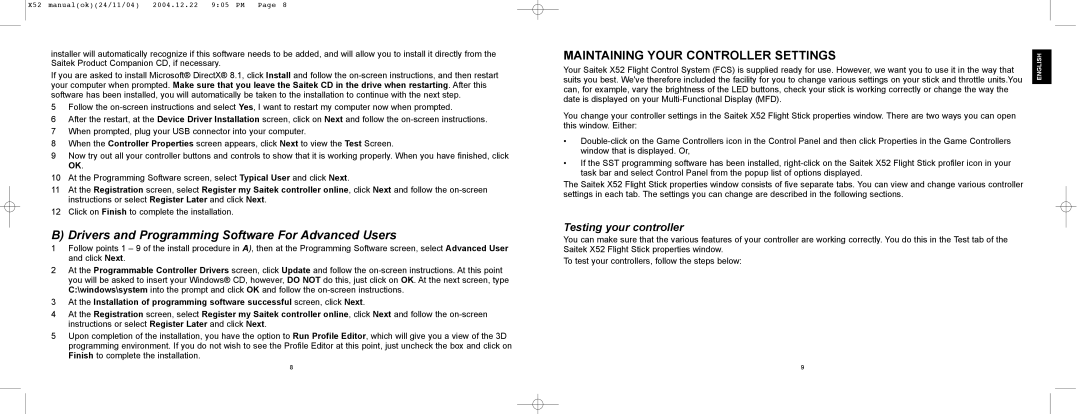 Saitek X52 manual Maintaining Your Controller Settings, Testing your controller 