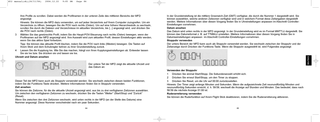 Saitek X52 Uhrzeit und Datum ansehen, Zeit ansehen, Stoppuhr verwenden, Verwenden der Stoppuhr, Ruderarretierung verwenden 