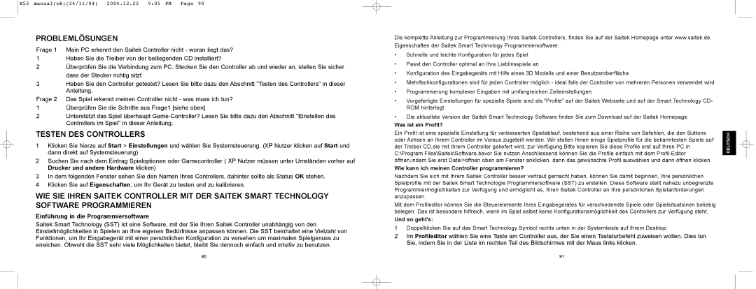 Saitek X52 manual Probleml…Sungen, Testen DES Controllers, EinfŸhrung in die Programmiersoftware 