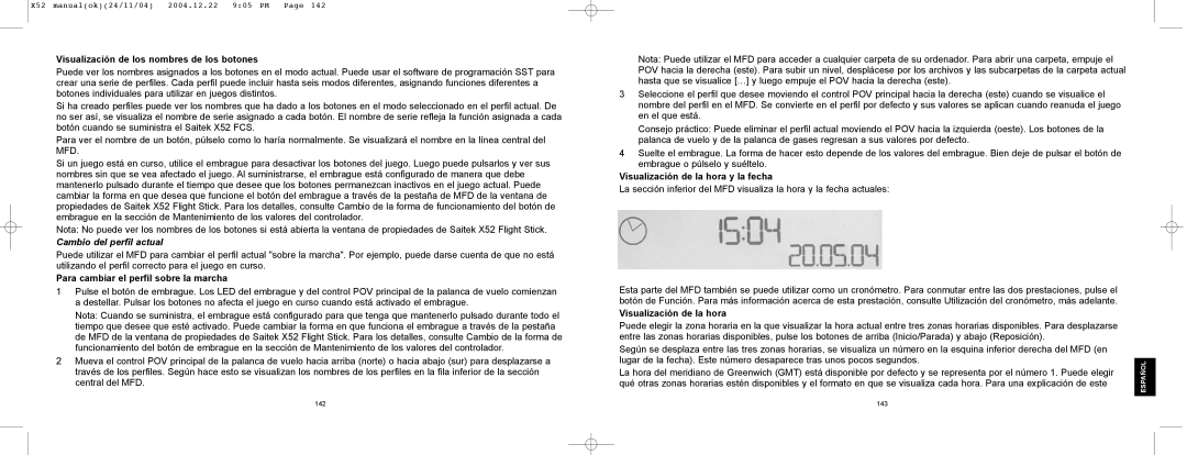 Saitek X52 Visualizaci-n de los nombres de los botones, Para cambiar el perfil sobre la marcha, Visualizaci-n de la hora 