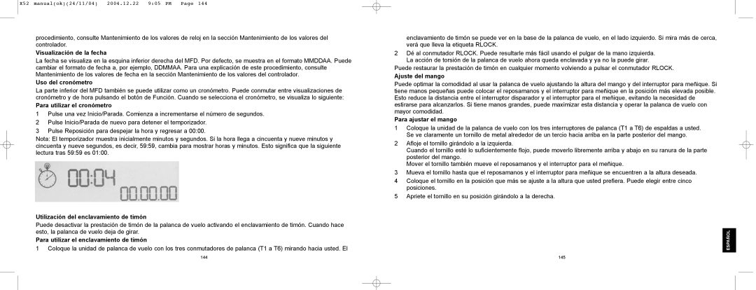 Saitek X52 manual Visualizaci-n de la fecha, Uso del cron-metro, Para utilizar el cron-metro, Ajuste del mango 