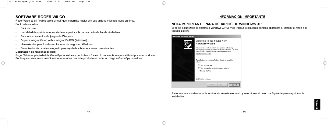 Saitek X52 manual Software Roger Wilco, Nota Importante Para Usuarios DE Windows XP, Declinaci-n de responsabilidad 