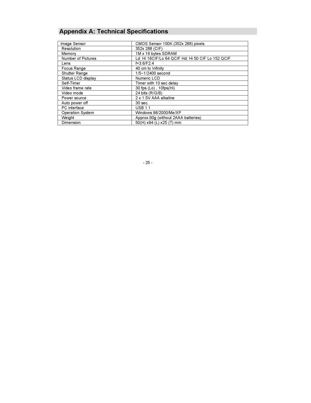 Sakar 14097 owner manual Appendix a Technical Specifications 