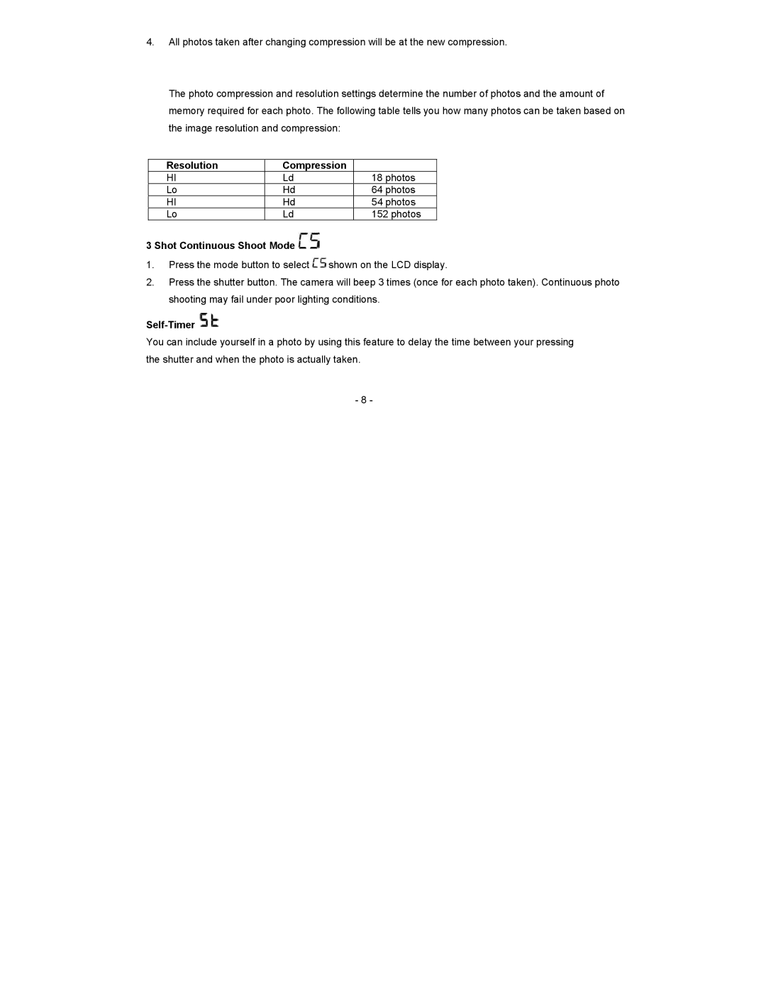 Sakar 14097 owner manual Resolution Compression, Shot Continuous Shoot Mode, Self-Timer 