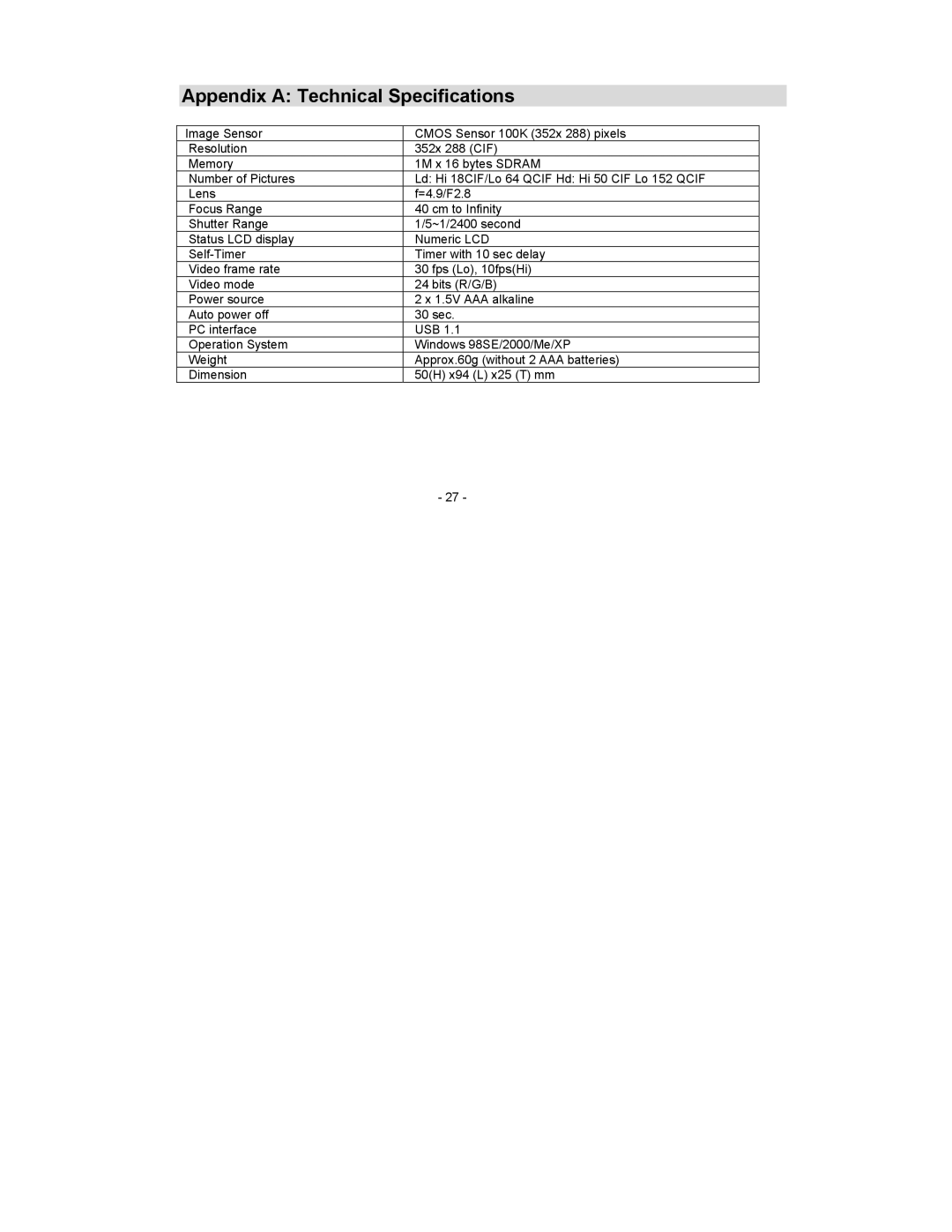 Sakar 14099 owner manual Appendix a Technical Specifications 