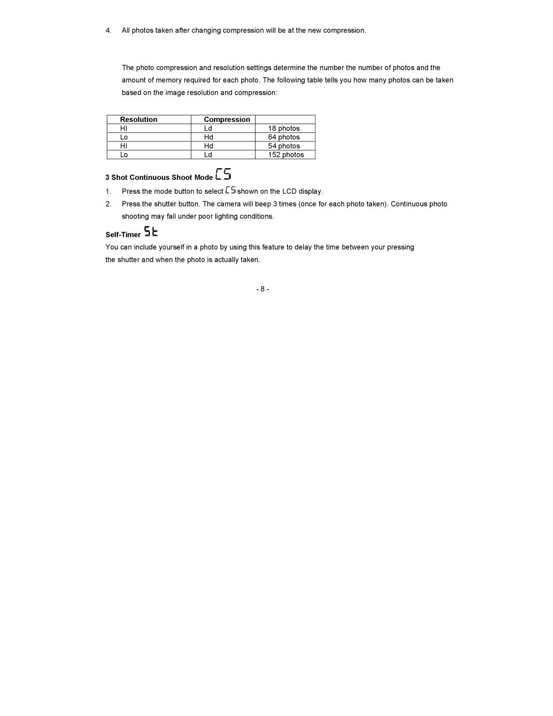 Sakar 14099 owner manual Resolution Compression, Shot Continuous Shoot Mode, Self-Timer 