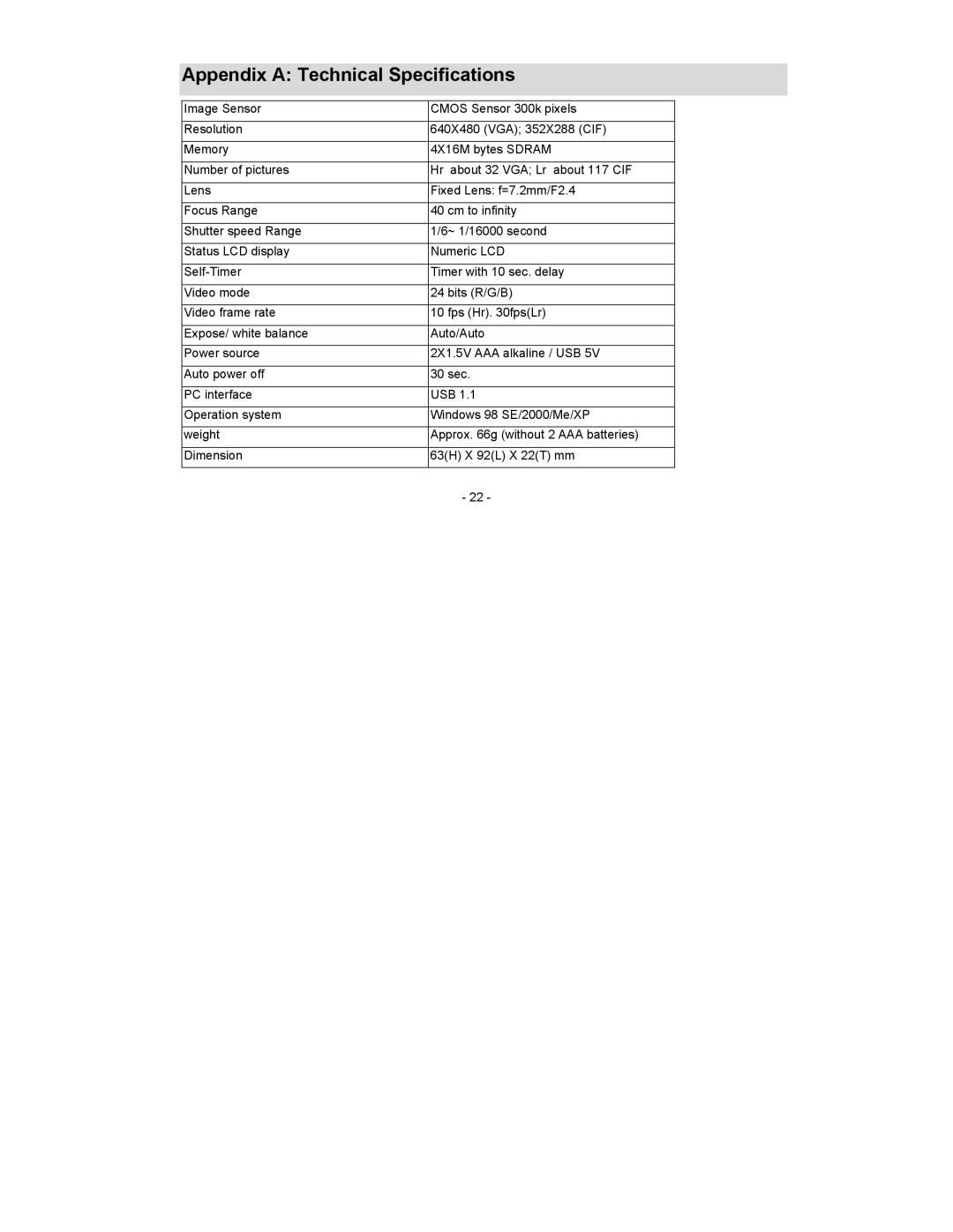 Sakar 15097 owner manual Appendix a Technical Specifications 