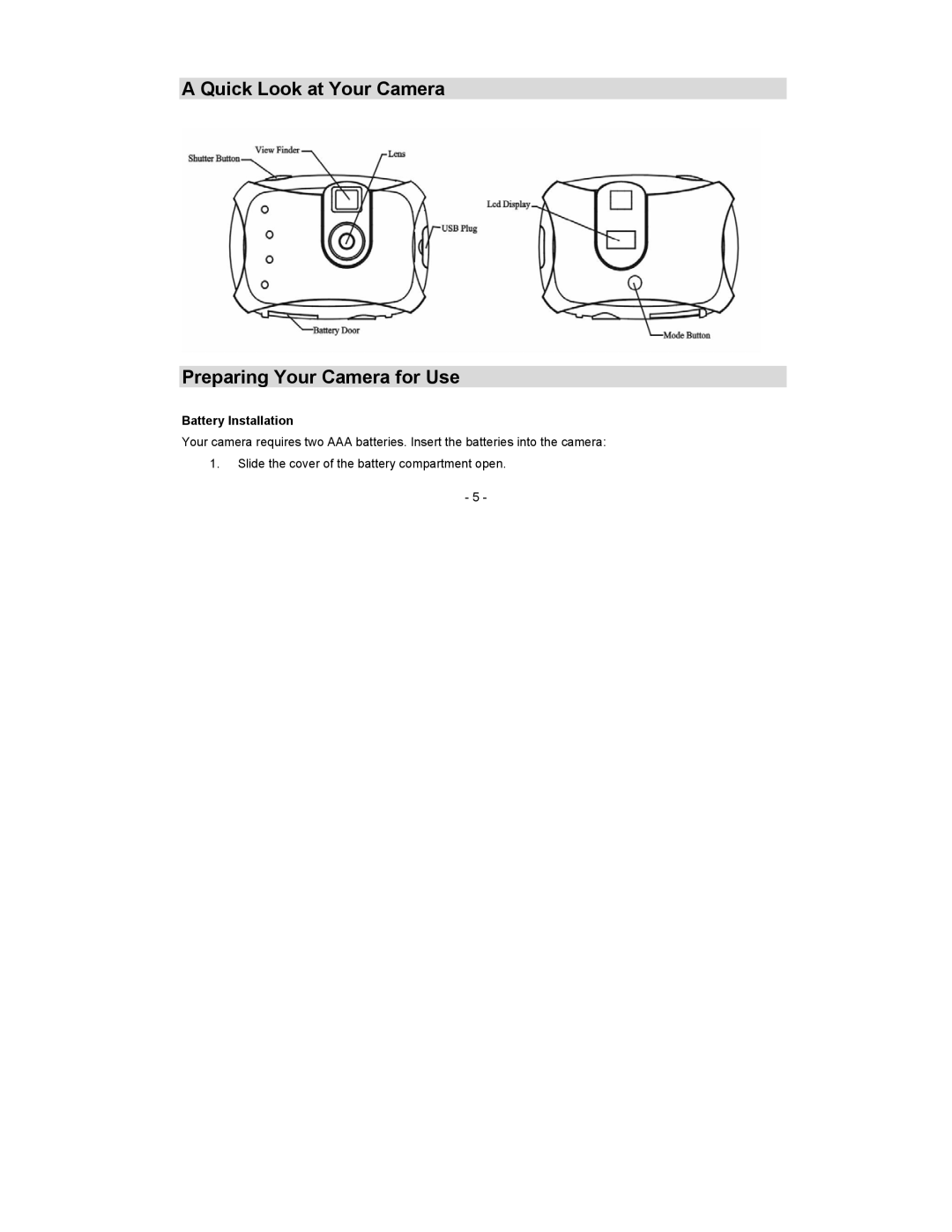 Sakar 16380 owner manual Quick Look at Your Camera Preparing Your Camera for Use, Battery Installation 