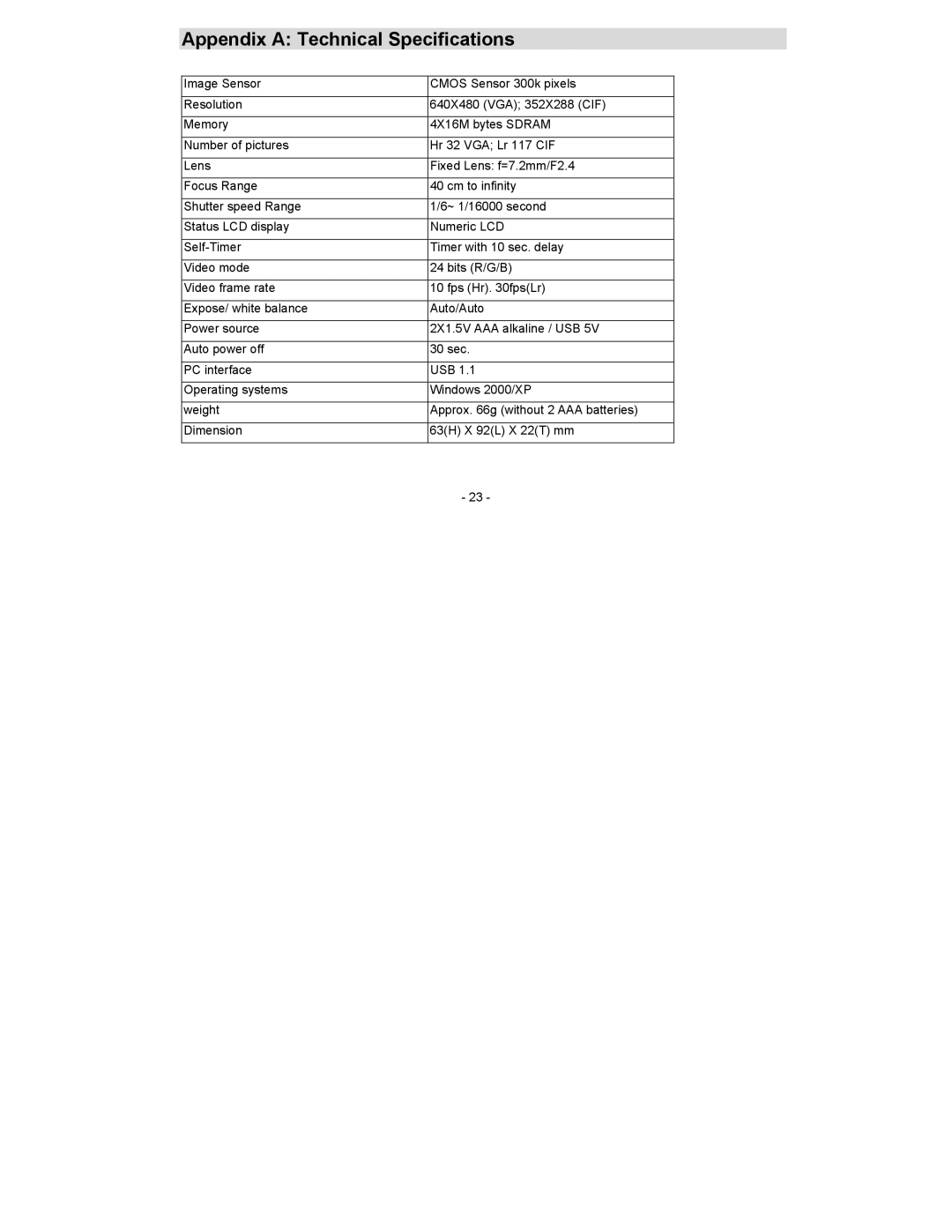 Sakar 16381 owner manual Appendix a Technical Specifications 