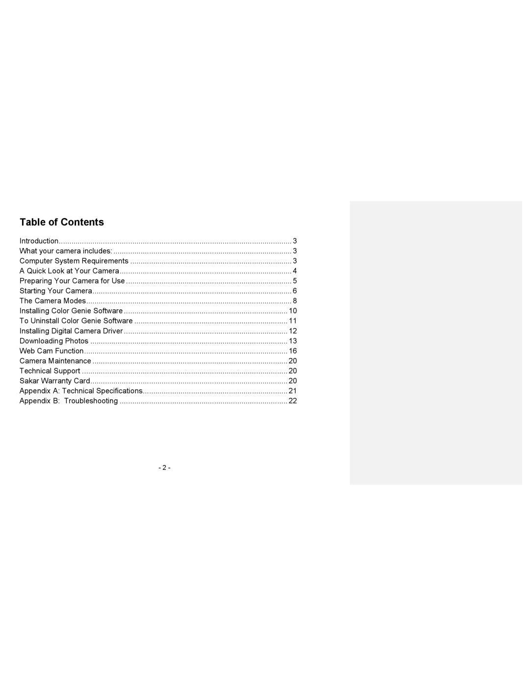 Sakar 23072, 23070 owner manual Table of Contents 