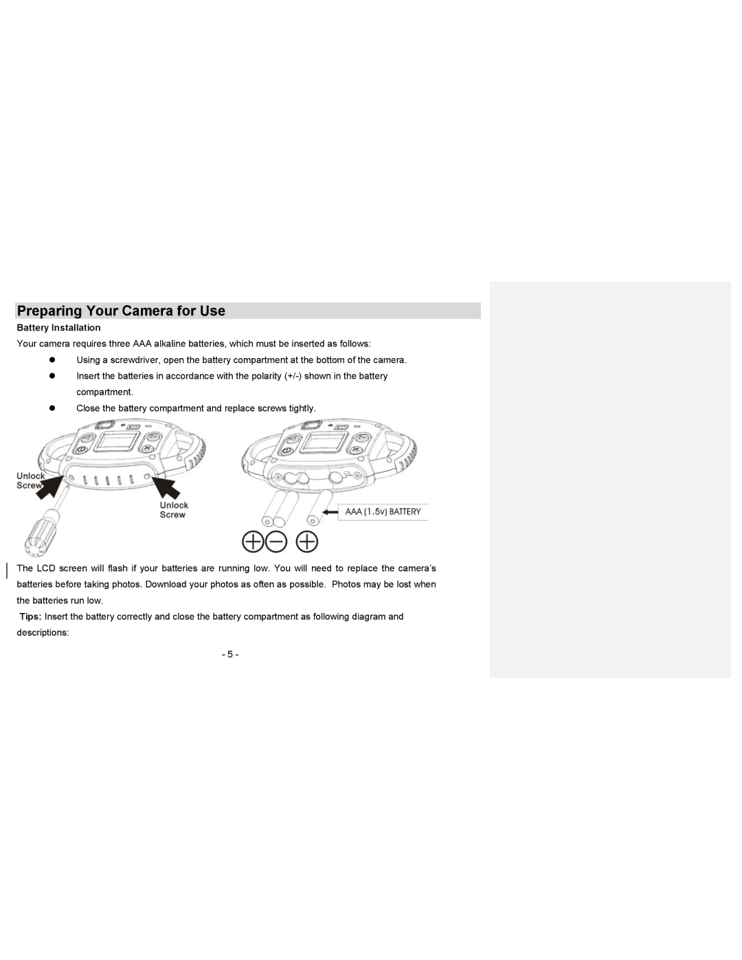 Sakar 23070, 23072 owner manual Preparing Your Camera for Use, Battery Installation 