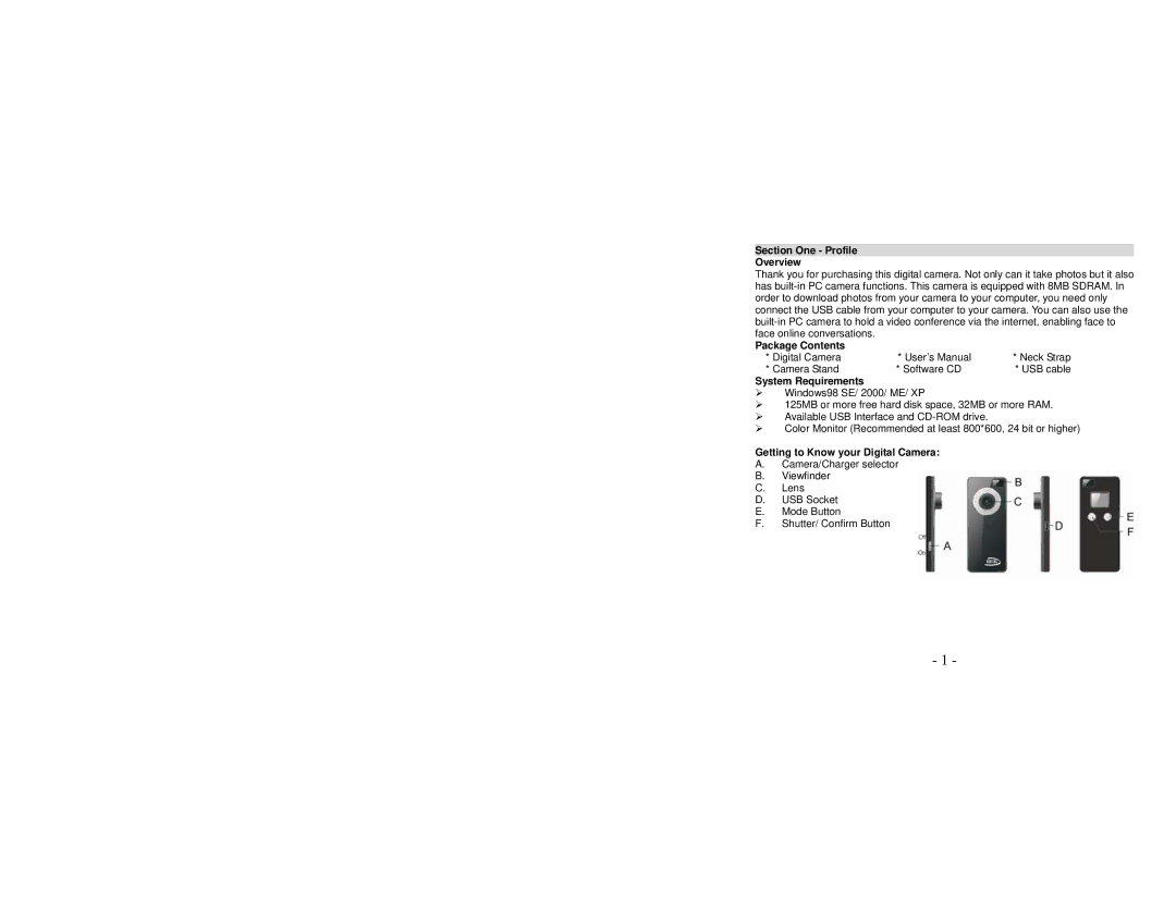 Sakar 24282 Section One Profile Overview, Package Contents, System Requirements, Getting to Know your Digital Camera 