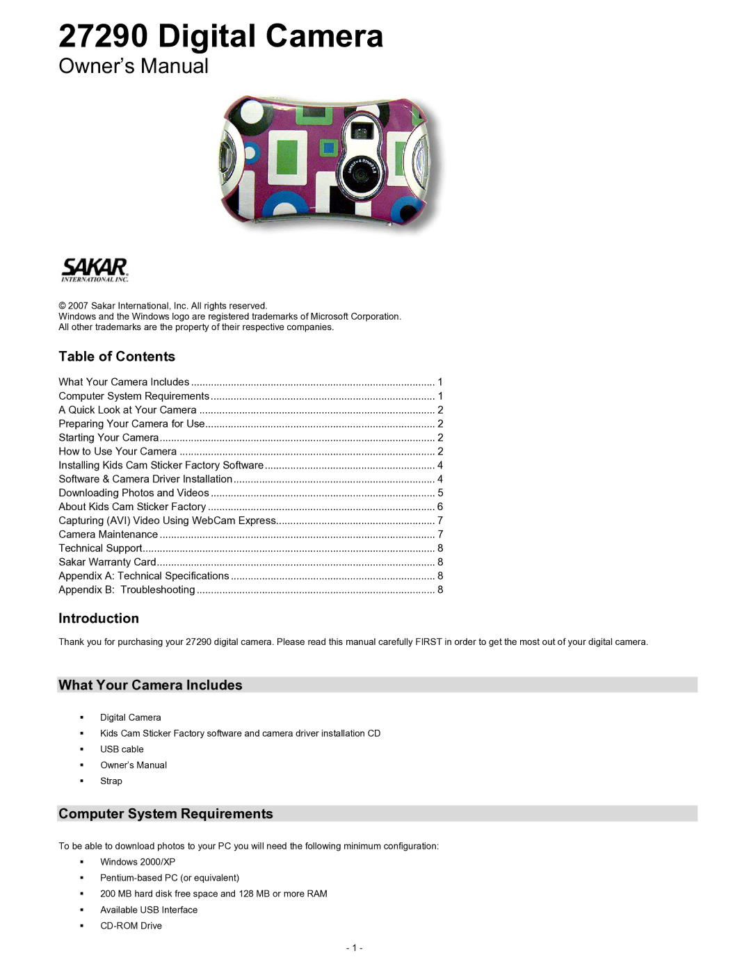 Sakar 27290 owner manual Table of Contents, Introduction, What Your Camera Includes, Computer System Requirements 