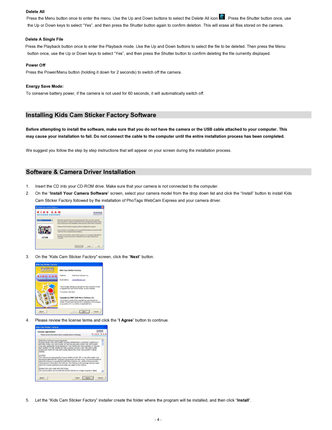Sakar 27290 owner manual Installing Kids Cam Sticker Factory Software, Software & Camera Driver Installation 