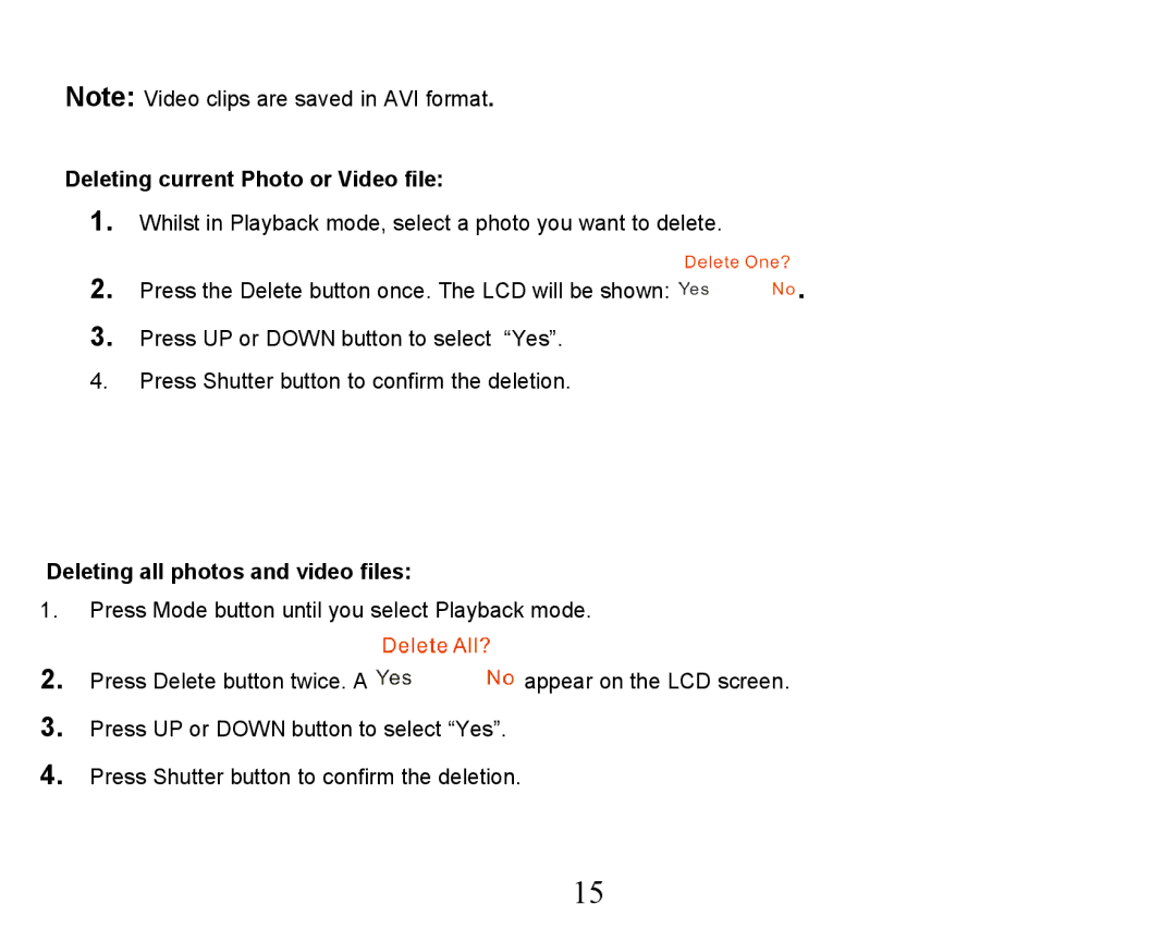 Sakar 32492, 32490 owner manual Deleting current Photo or Video file, Deleting all photos and video files 