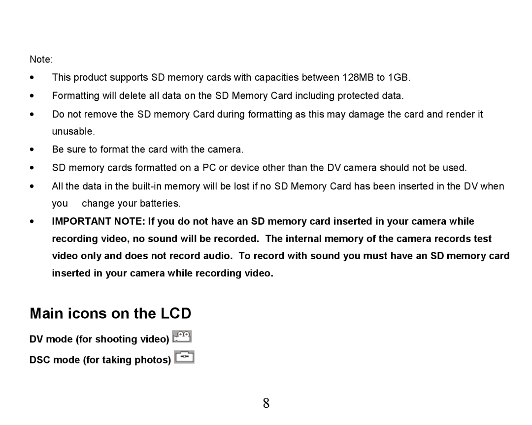 Sakar 32490, 32492 owner manual Main icons on the LCD, DV mode for shooting video DSC mode for taking photos 