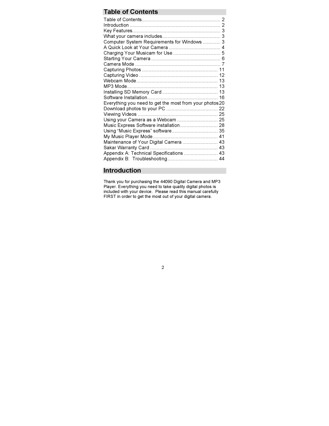 Sakar 44090 owner manual Table of Contents, Introduction 