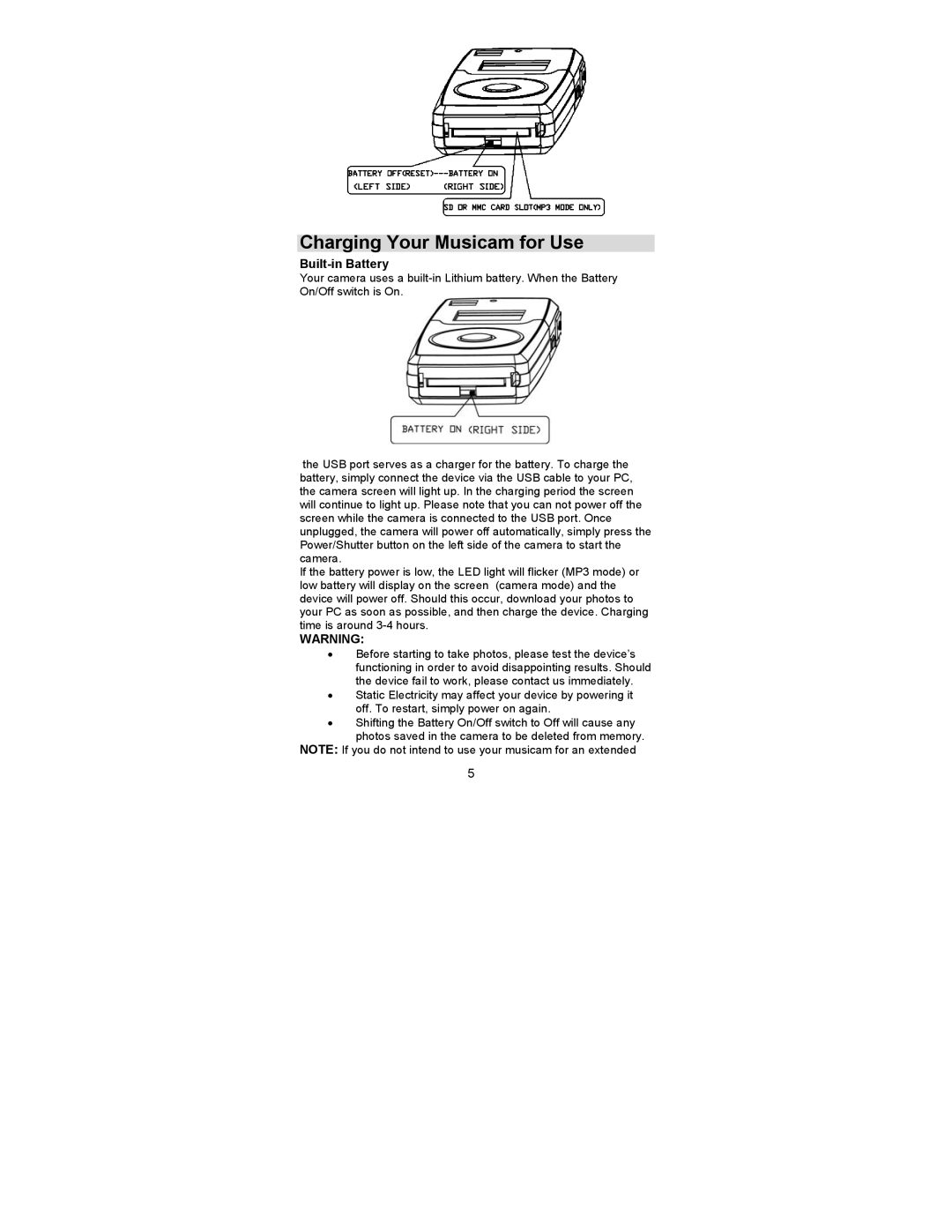 Sakar 44090 owner manual Charging Your Musicam for Use, Built-in Battery 