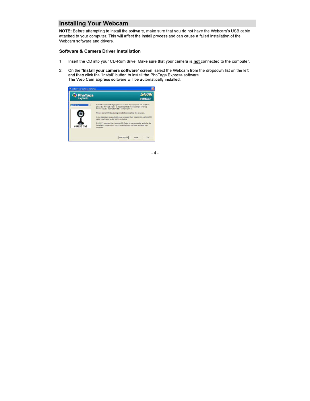 Sakar 49152 DM owner manual Installing Your Webcam, Software & Camera Driver Installation 