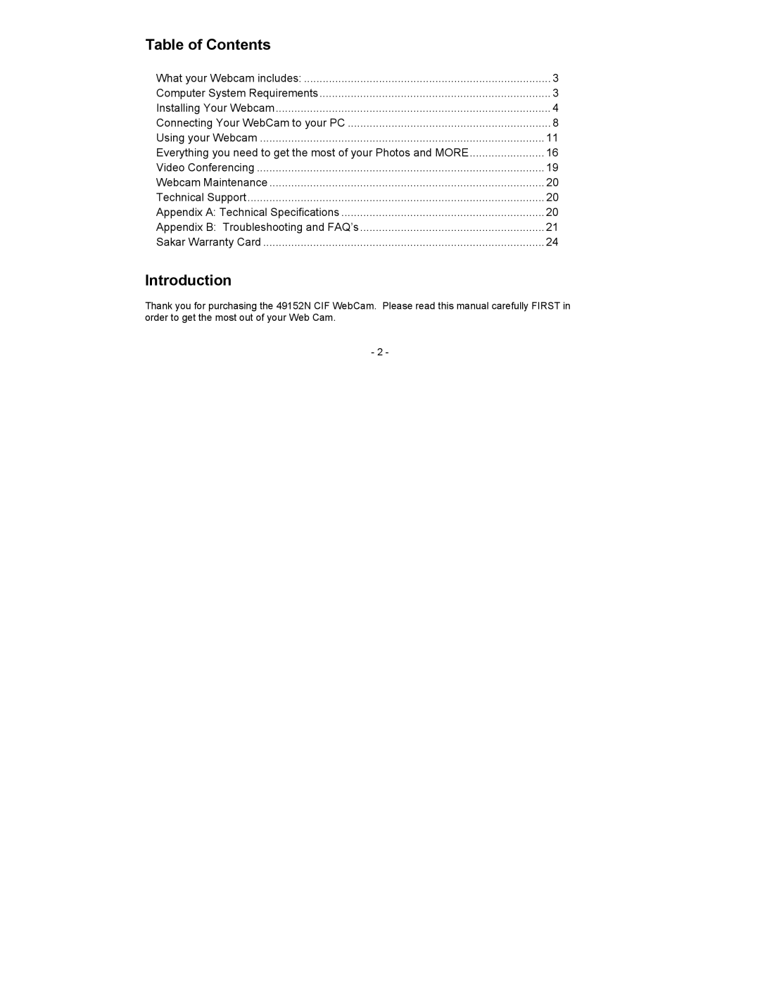 Sakar 49152N owner manual Table of Contents, Introduction 