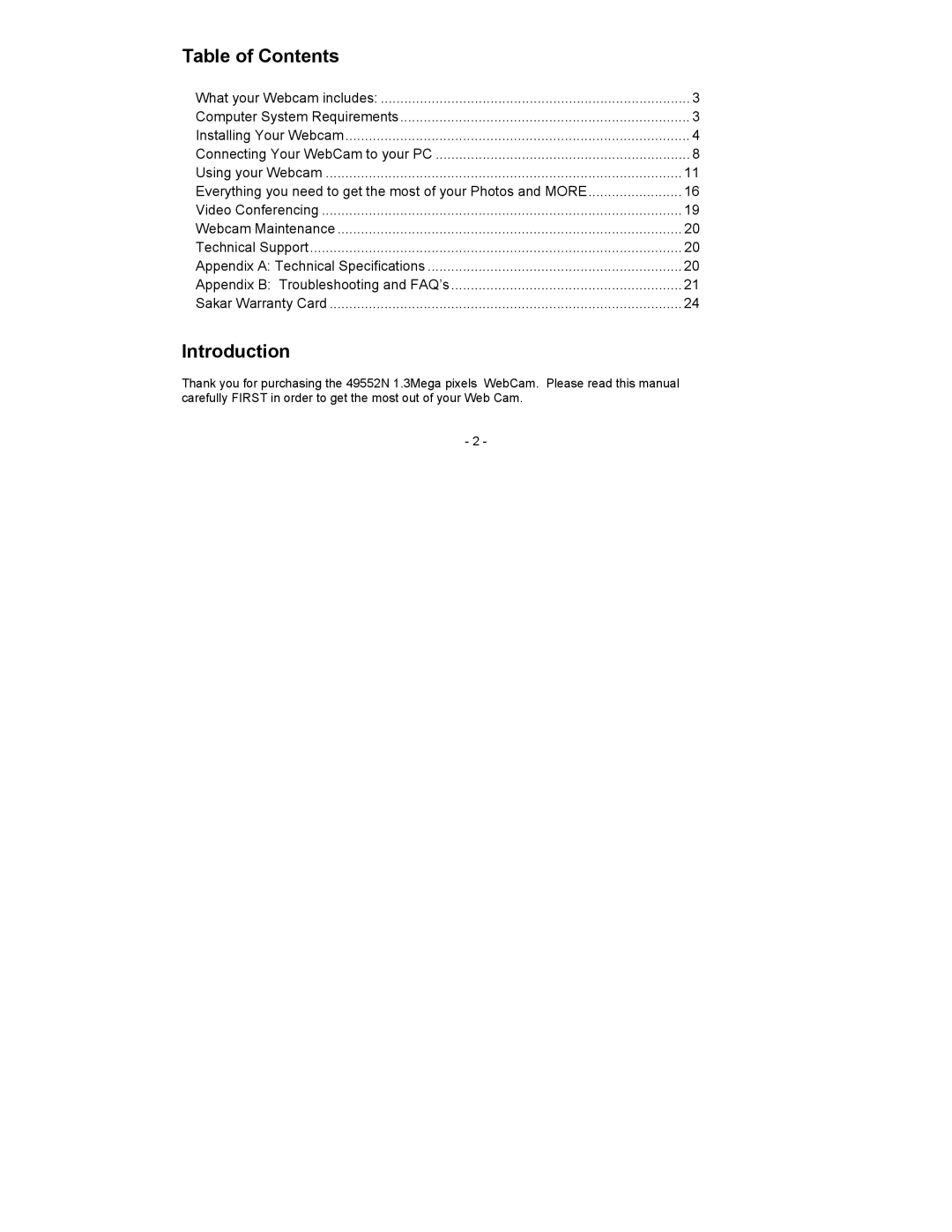 Sakar 49552N owner manual Table of Contents, Introduction 