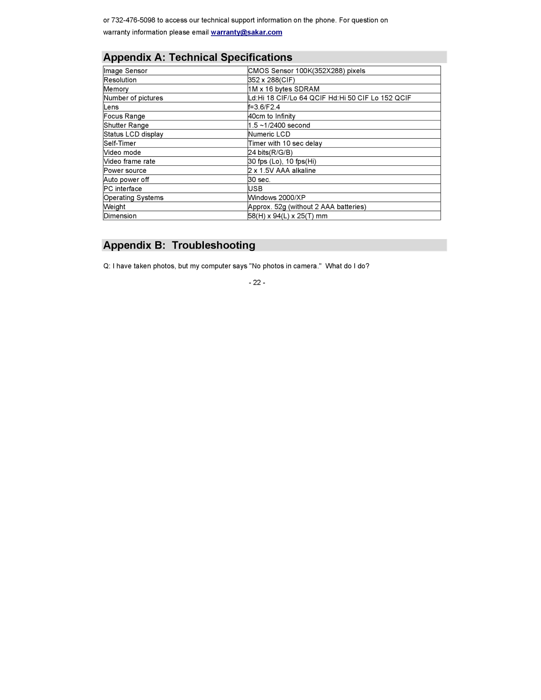 Sakar 52379 owner manual Appendix a Technical Specifications, Appendix B Troubleshooting 