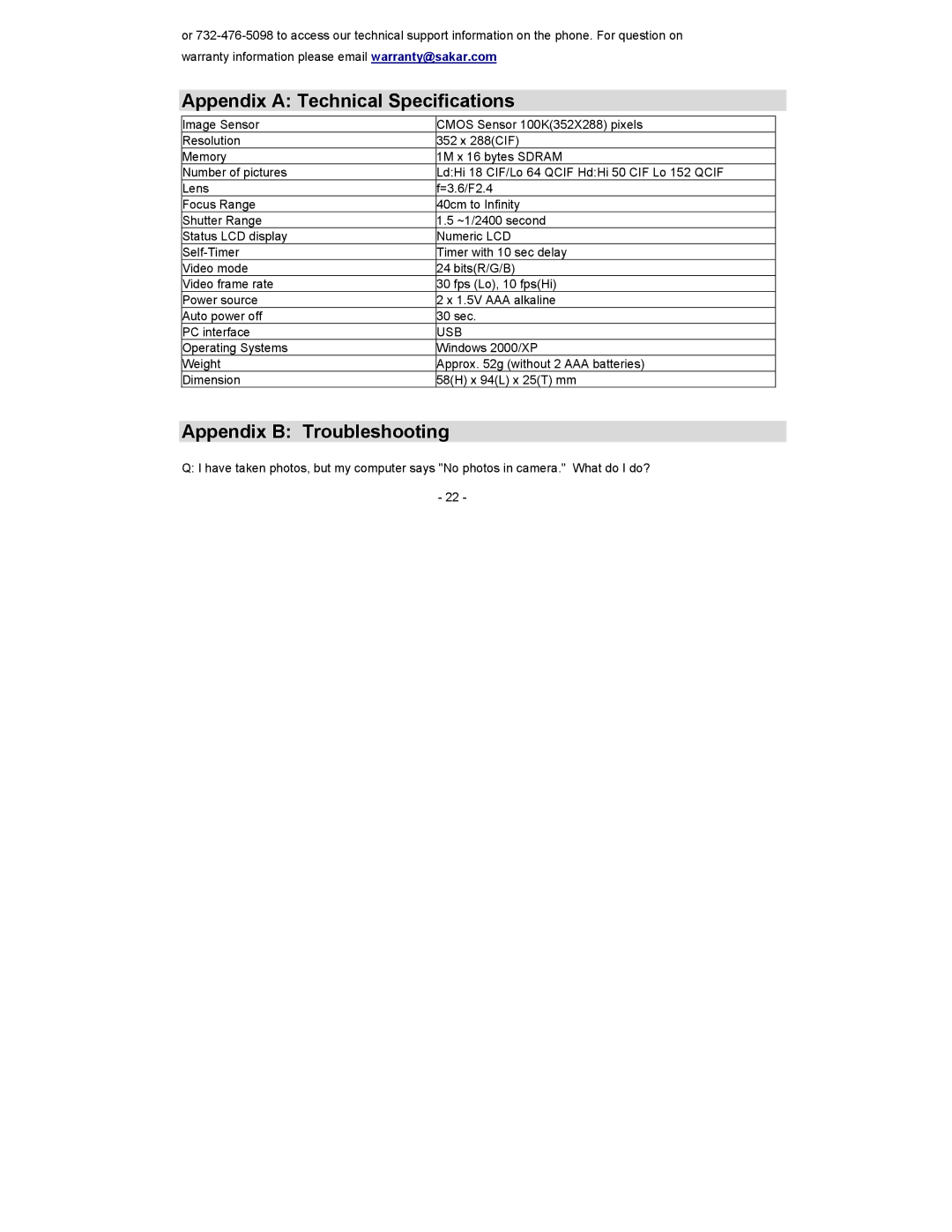 Sakar 59097 owner manual Appendix a Technical Specifications, Appendix B Troubleshooting 