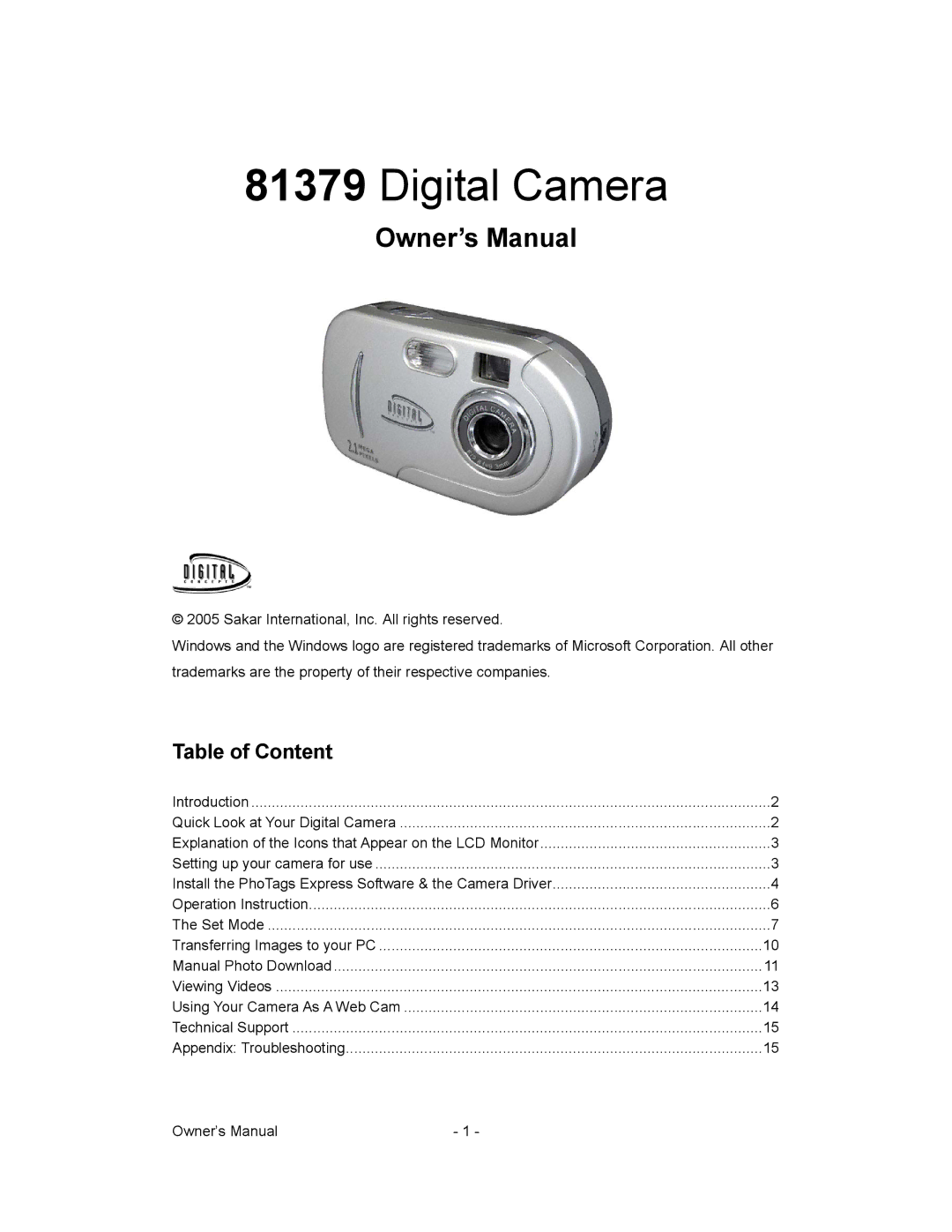 Sakar 81379 owner manual Digital Camera, Table of Content 