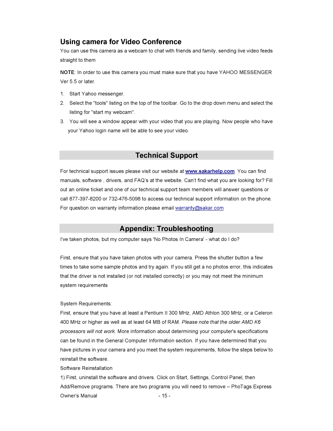 Sakar 81379 owner manual Using camera for Video Conference, Technical Support Appendix Troubleshooting 