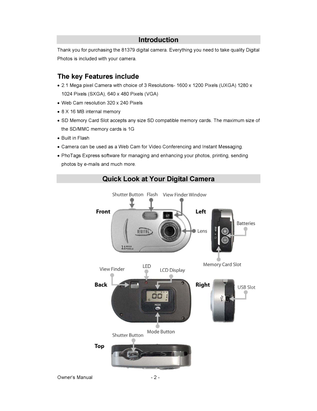 Sakar 81379 owner manual Introduction, Key Features include, Quick Look at Your Digital Camera 