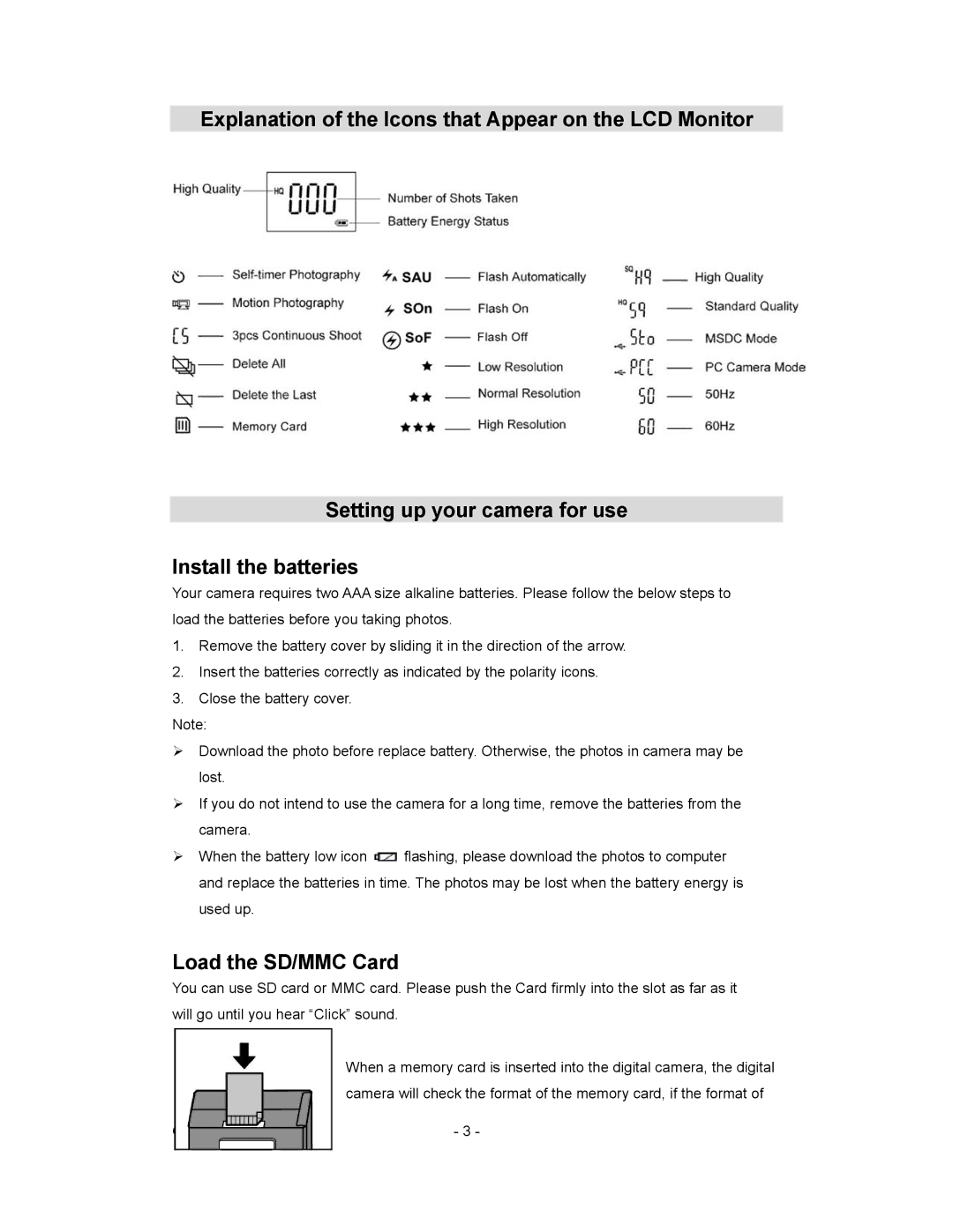 Sakar 81379 owner manual Load the SD/MMC Card 