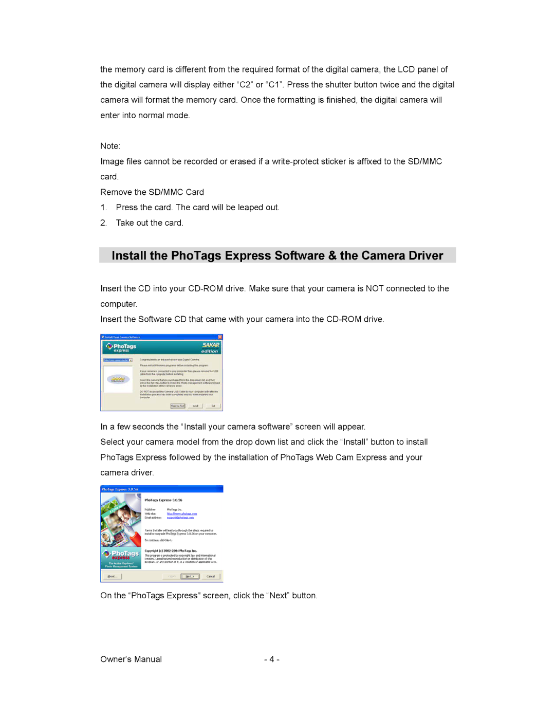 Sakar 81379 owner manual Install the PhoTags Express Software & the Camera Driver 